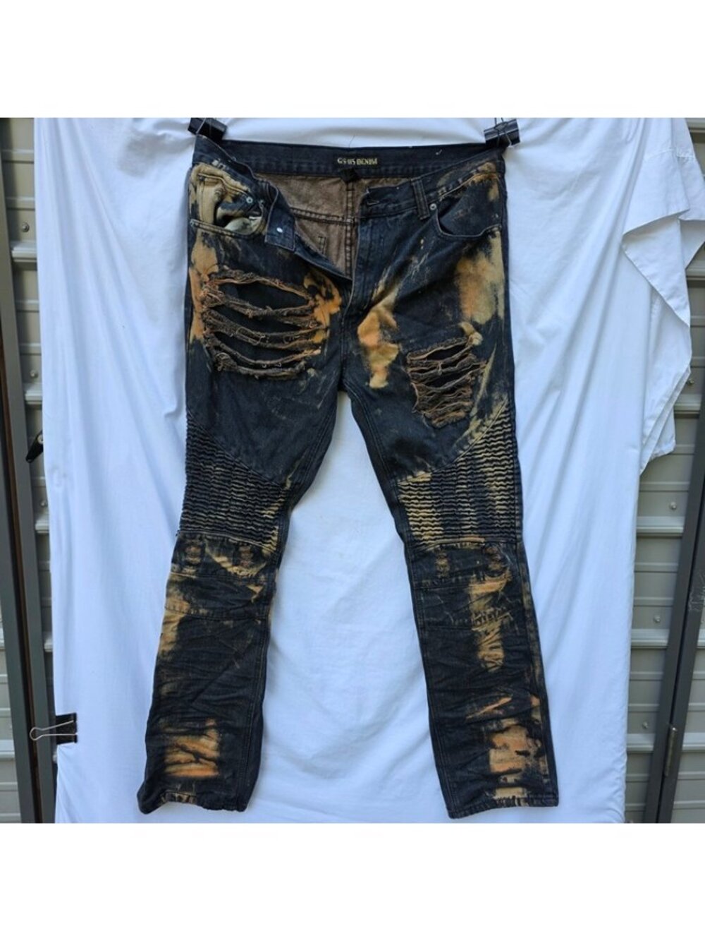 GS-115 Bleached Distressed Biker Jeans Mens 36X32 Streetwear